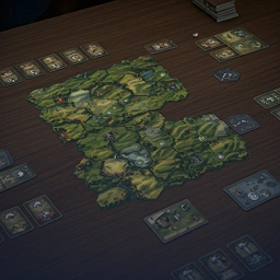 Mapa gry planszowej Carcassonne złożona z płytek terenu umieszczonych na drewnianym stole podczas gry.